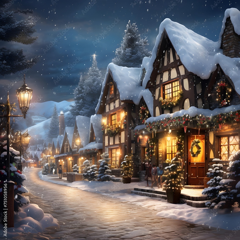 Christmas village at night with lights and decorations. Digital painting illustration.