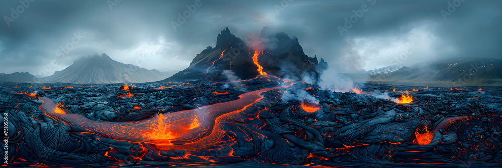  Majestic lava flows in Icelandic volcanic eruption,
Volcano landscape Mountain lava background
 - obrazy, fototapety, plakaty 