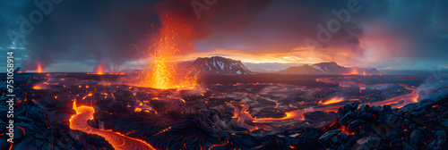  Majestic lava flows in Icelandic volcanic eruption, Volcanic eruption lava and ash ejection into the sky panorama magma flows 