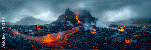  Majestic lava flows in Icelandic volcanic eruption, Volcano landscape Mountain lava background 