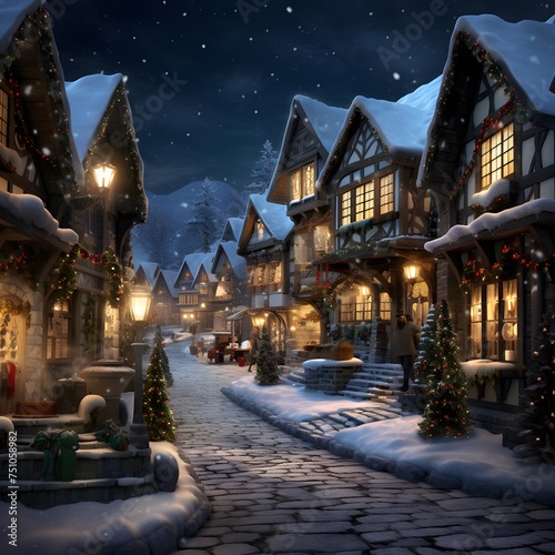 Christmas village at night with snow covered houses and christmas trees.