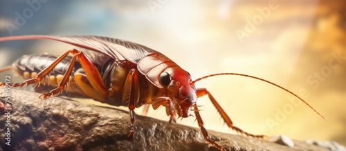 A red cockroach, also known as the American cockroach or Periplaneta cockroach, is captured in a close-up view as it crawls on a rock surface.