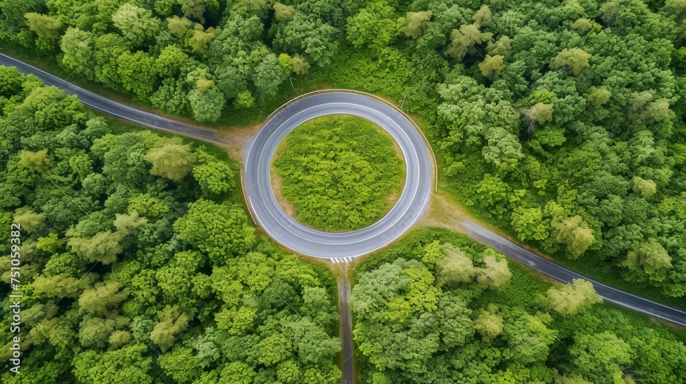 Aerial view of green forest with road