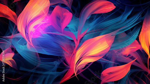 A painting featuring vibrant, multicolored leaves against a dark black background © keystoker