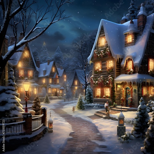 Winter village at night. Illustration of a winter night in the village.