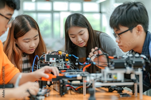 Group of asian students building and programming electric toys and robots at robotics classroom