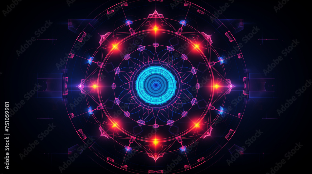 Obraz premium Circular design with blue and red colors blending in an abstract pattern. Radiant Kaleidoscopic Pattern on Black Background Illuminated in Vivid Colors