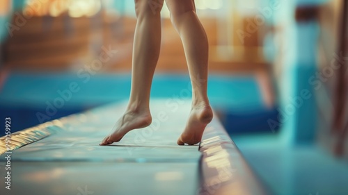 Close-up of a gymnast's feet walking on a balance beam in a gym