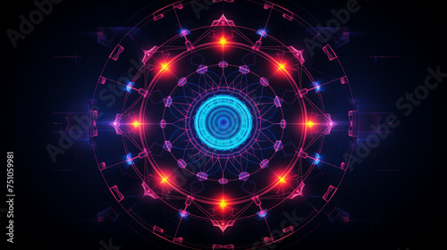 Circular design with blue and red colors blending in an abstract pattern. Radiant Kaleidoscopic Pattern on Black Background Illuminated in Vivid Colors 