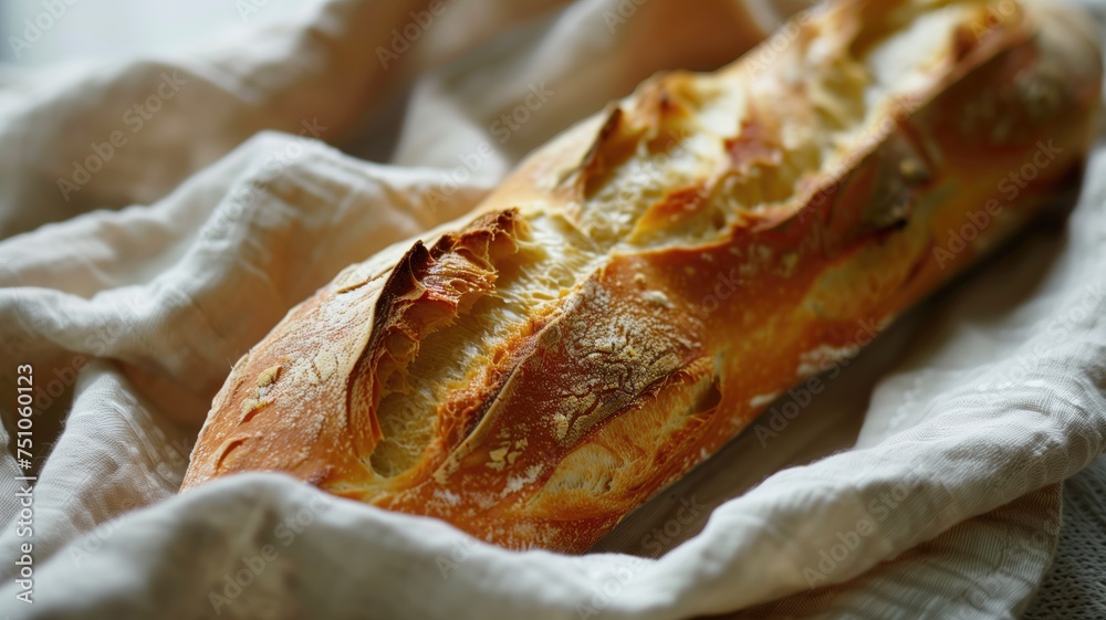 Freshly baked artisanal baguette resting on a rustic cloth with a warm ambiance