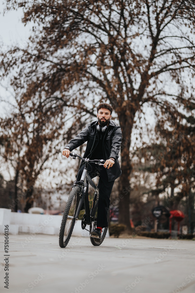 A professional male business entrepreneur commuting on a bike in a park, blending fitness with business.
