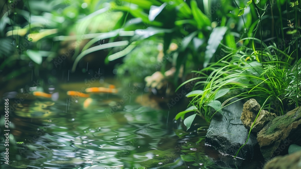 Peaceful koi pond surrounded by lush greenery and gentle rain, serene nature Peaceful koi pond surrounded by lush greenery and gentle rain, serene nature