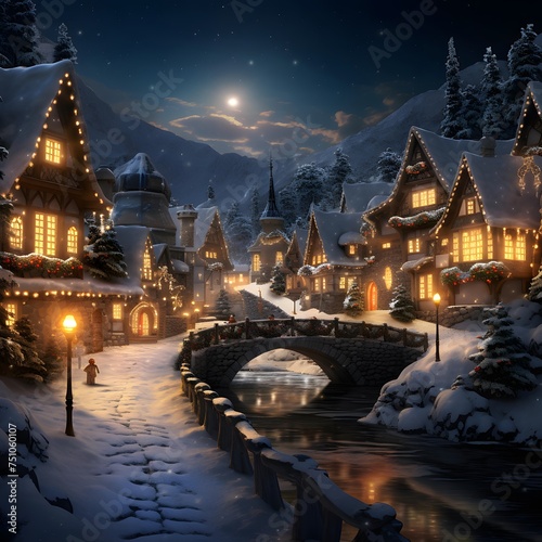Snowy village in the mountains at night. Christmas and New Year.