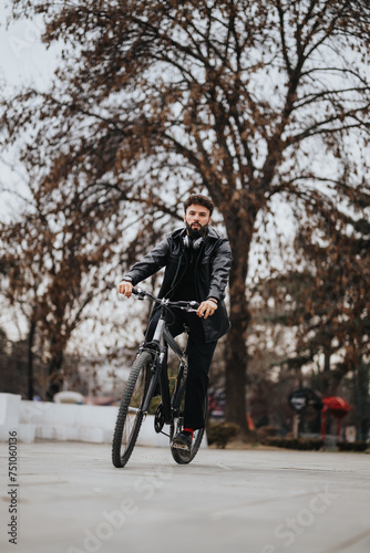 A professional male business entrepreneur commuting on a bike in a park, blending fitness with business. © qunica.com