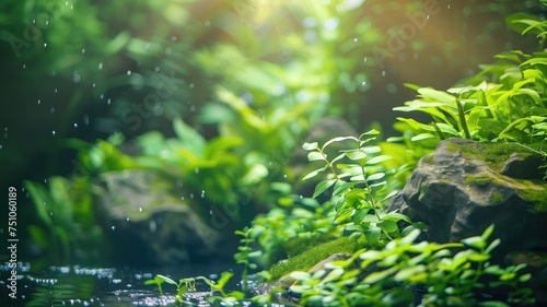 Sunlight filters through lush greenery over serene water