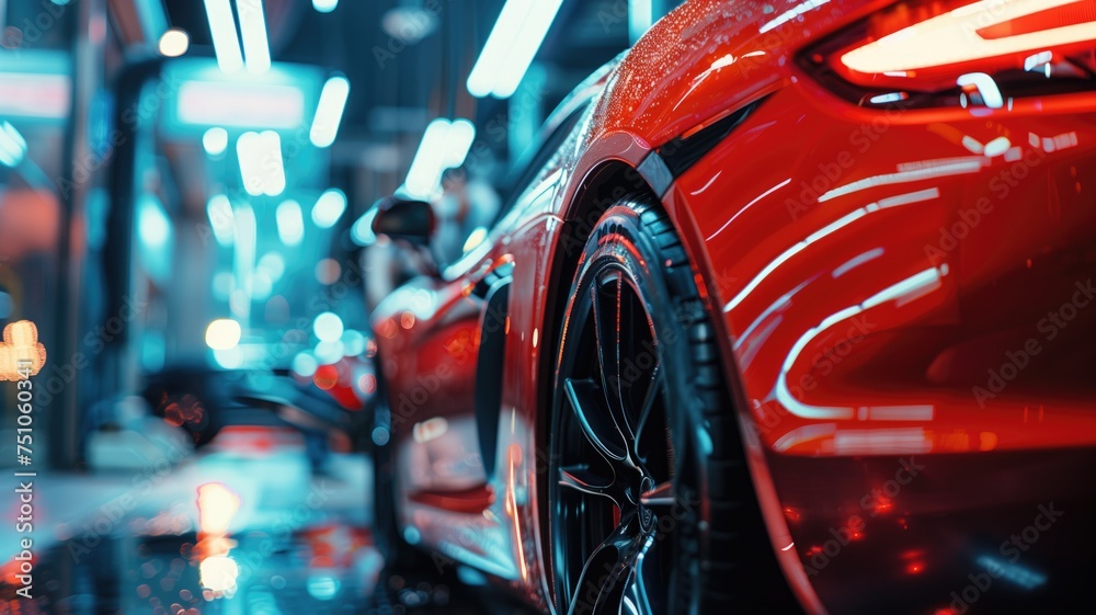 Luxurious red sports car under neon lights reflecting on wet floor