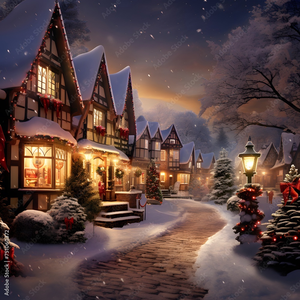 Winter night in the village, Christmas and New Year background. Digital painting.