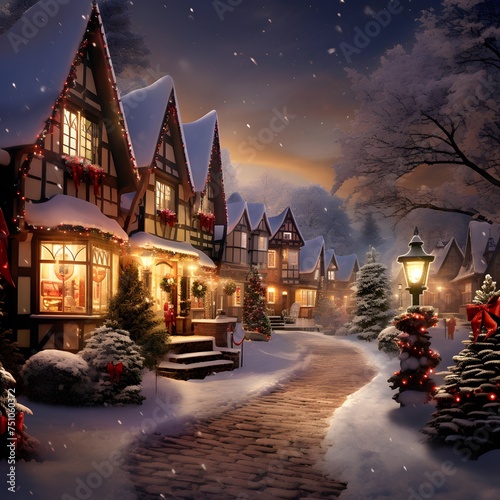 Winter night in the village, Christmas and New Year background. Digital painting.