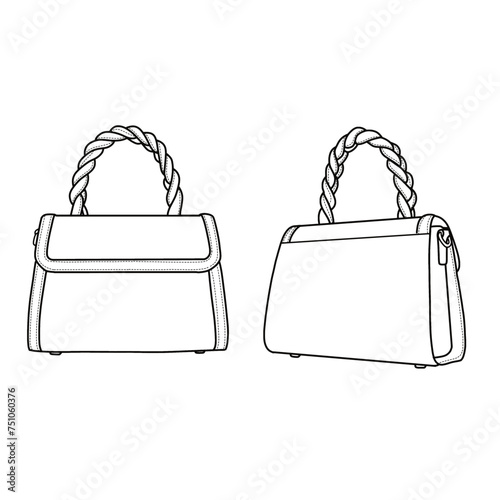 Women's handbag with braided handle vector illustration flat outline template. Front and back view. Vector illustration of women's handbag bag icon line isolated on a white background