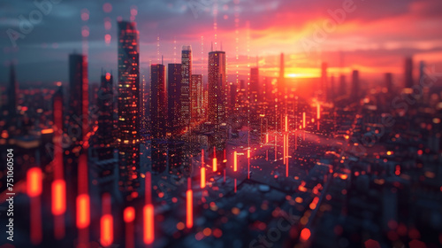 A futuristic cityscape emerges from the darkness illuminated by a pulsating neon graph that tracks the constant movement of money exchange rates giving a visual representation