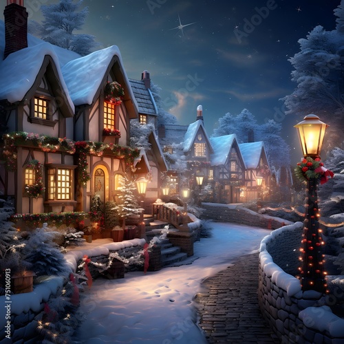 Christmas village at night. Winter landscape. Christmas and New Year concept.