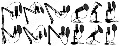 set condenser microphone silhouette icon. studio recorder for Podcast, musical, and radio template design vector illustration