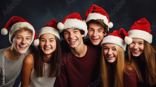 Happy teenagers wearing Santa Claus hat celebrating Christmas night together. Group of young people having new year party outside. Winter holidays concept