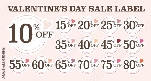 Valentines day discount tags or offer labels 10% to 80%. Valentines day sale or prom.Lover sale label set vector badges with heart shape frame.Price cut off sale promo.Valentines day advertise sign.