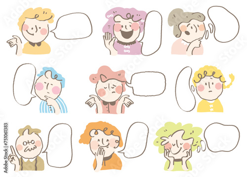 Colorful line style of person icon with speech bubble.Cute comic of avatars dialogue cloud. Stylish fashion young people conversation with variety expression.Hand drawn kids chat balloon. message memo