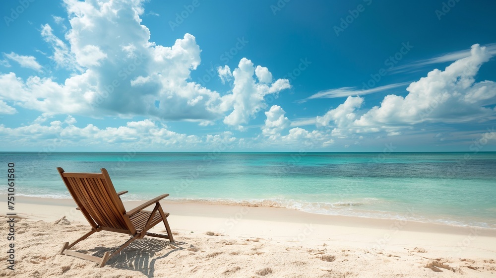 A lone beach chair resting in the warm sand, facing the vastness of the open sea and the clear, cloud-kissed sky.