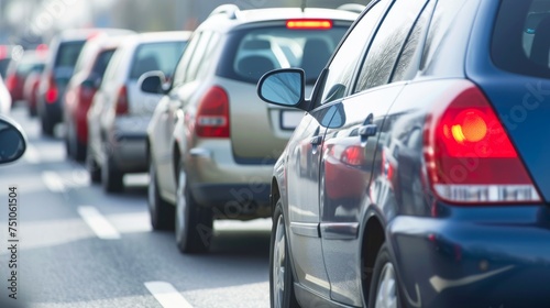 Cars on highway in traffic jam, city street traffic congestion during rush hour