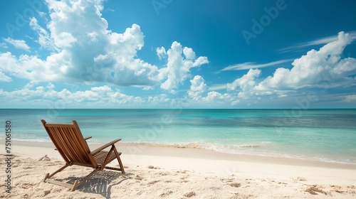 A lone beach chair resting in the warm sand  facing the vastness of the open sea and the clear  cloud-kissed sky.