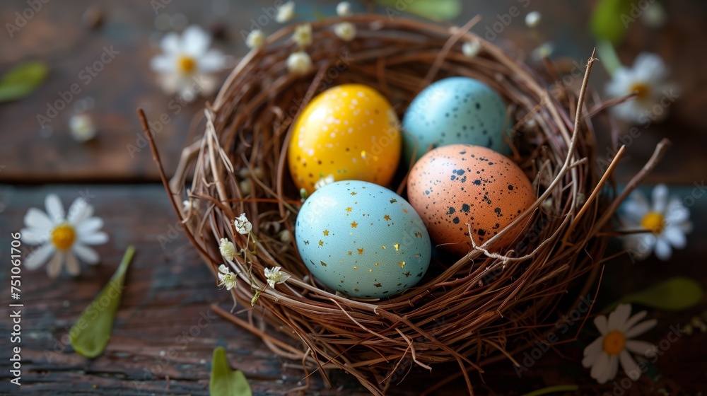 Easter eggs in nest on wooden background