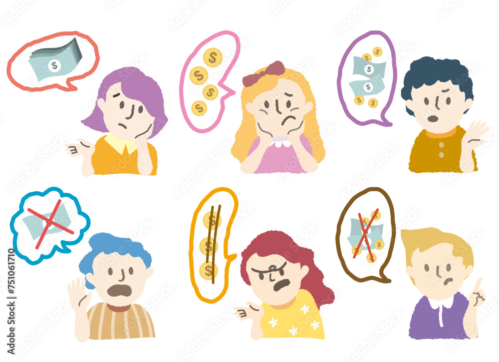 Hand drawn young people avatars of characters finance problem speech bubble. Vector Talk about chat balloon with bill spend money trouble. Variety people share high life spending. Price, risk, cash Hand drawn young people avatars of characters finance problem speech bubble. Vector Talk about chat balloon with bill spend money trouble. Variety people share high life spending. Price, risk, cash