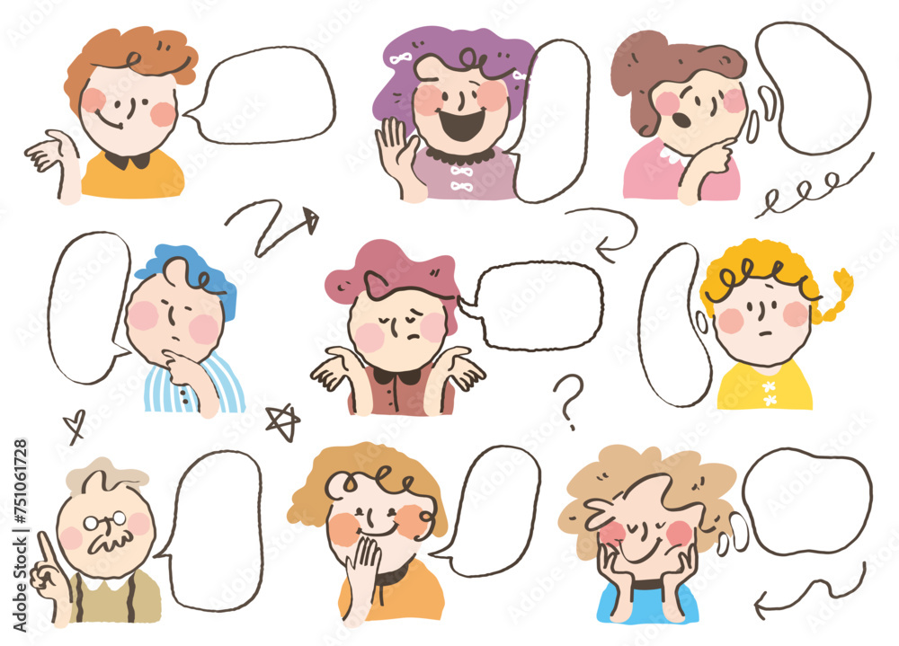 Colorful line style of person icon with speech bubble.Cute comic of avatars dialogue cloud. Stylish fashion young people conversation with variety expression.Hand drawn kids chat balloon. message memo Colorful line style of person icon with speech bubble.Cute comic of avatars dialogue cloud. Stylish fashion young people conversation with variety expression.Hand drawn kids chat balloon. message memo