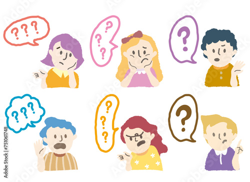 Hand drawn young people avatars of characters confuse speech bubble with question mark. Vector people profile chat balloon with question. Variety kids school student avatar collection. understand