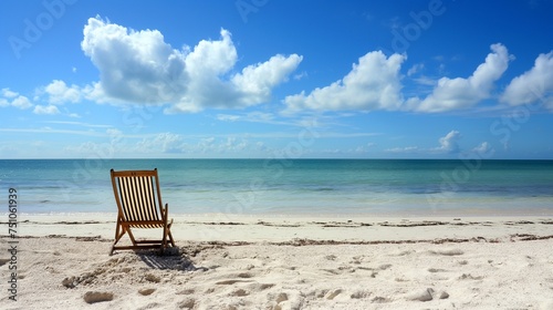 A lone beach chair resting in the warm sand  facing the vastness of the open sea and the clear  cloud-kissed sky.