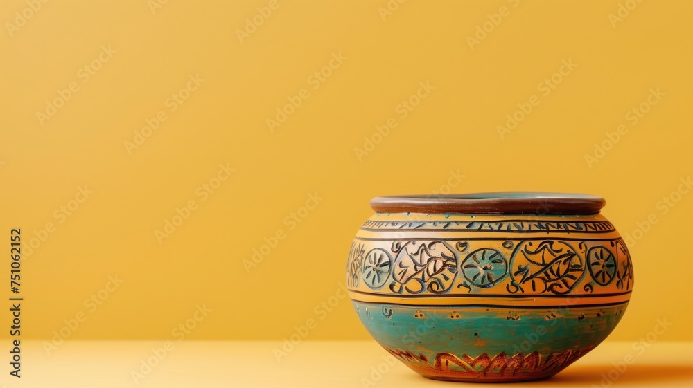 A colorful ceramic pot with intricate designs on a bold yellow surface A colorful ceramic pot with intricate designs on a bold yellow surface