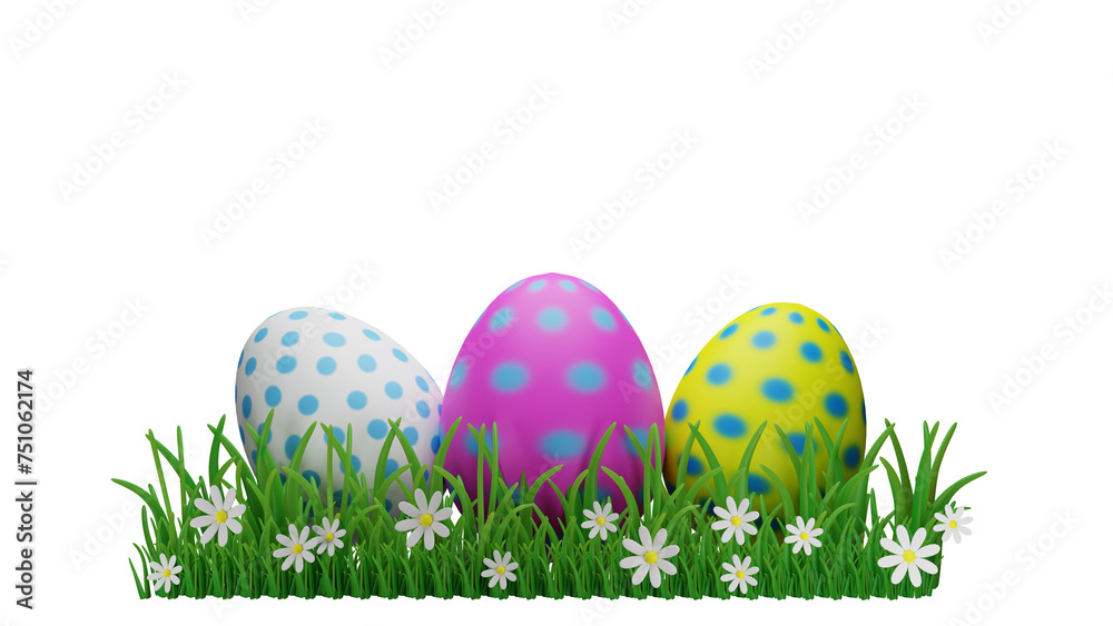 Decorative Easter eggs on green grass with white flowers isolated on white background. 3D rendering illustration