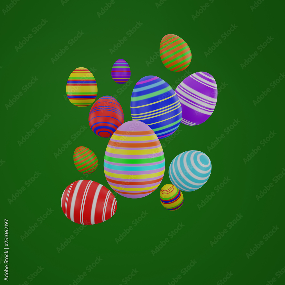 Multicolor easter eggs on green background. 3d render illustration.