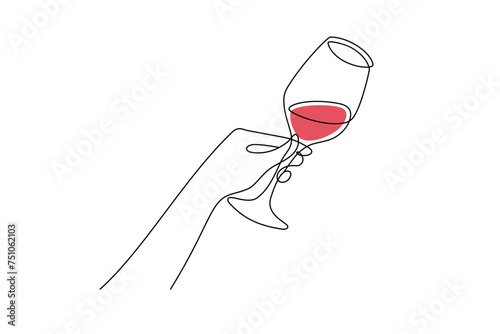 One continuous line drawing of hand with glass of wine. Christmas toast and wishes in simple linear style. Concept of celebrate and cheering in Editable stroke. Doodle hand drawn vector illustration