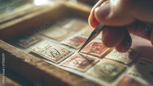 Close-up of hand examining vintage stamps collection