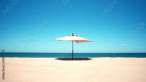 A lone beach umbrella casting a shadow on the sun-kissed sand, surrounded by the deep blue embrace of the open sky.