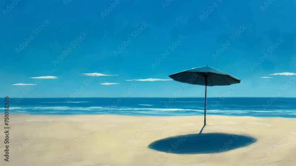 A lone beach umbrella casting a shadow on the sun-kissed sand, surrounded by the deep blue embrace of the open sky.