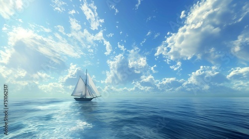 A lone sailboat drifting along the horizon, surrounded by the vastness of the open ocean and a clear blue sky.