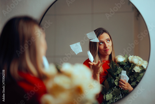 Konstfotografi Annoyed Girlfriend tearing the love note from her Boyfriend lover