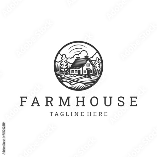 Farm house line art logo icon design template