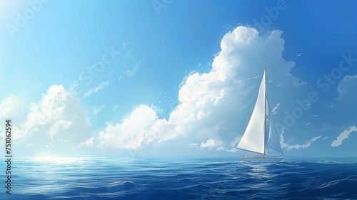 A lone sailboat drifting along the horizon, surrounded by the vastness of the open ocean and a clear blue sky.