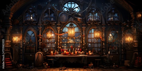 3D render of an old bar interior with a lot of candles and books