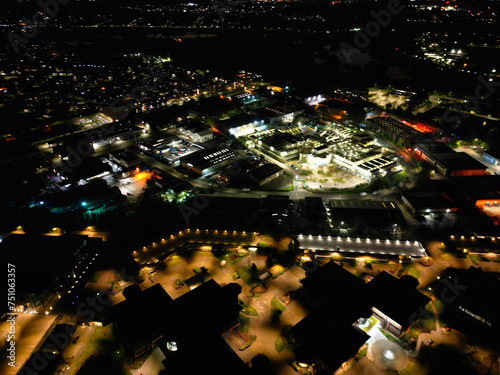 Aerial View of Illuminated Watford City Centre During Night, England UK. photo